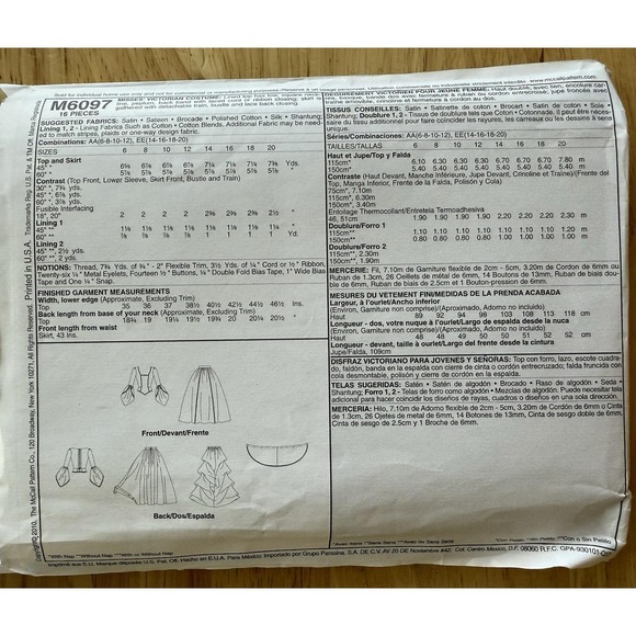 McCalls M6097 Steampunk Victorian Wedding Costume Pattern Size‎ 14-20 Uncut - Picture 2 of 4